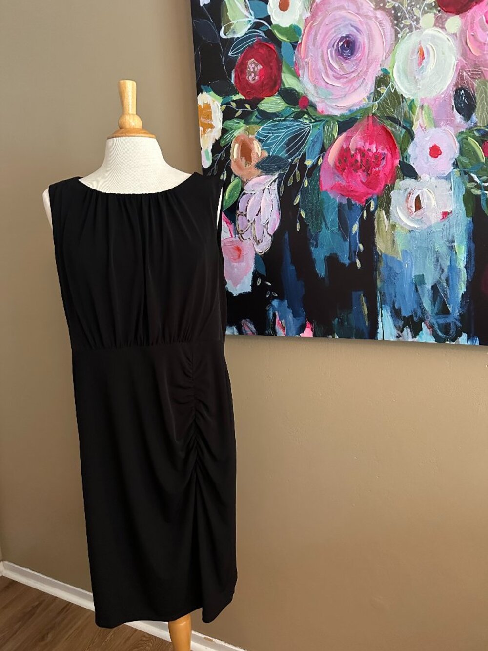 🖤 Calvin Klein Black Ruched Sheath Dress Size 16 Classic Career Cocktail